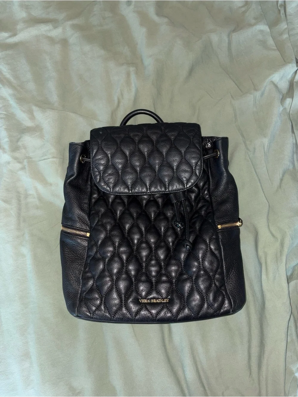 Vera Bradley Quilted Black Leather Backpack with Gold Hardware